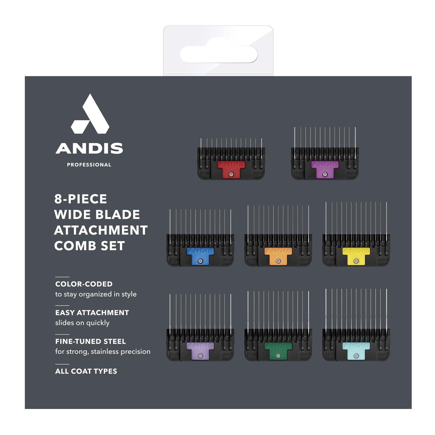 Andis 561475 Premium Clip Animal Comb Set - Built with Plastic, Includes 8 Color Coded Combs of Different Sizes, Attach Comb, Al