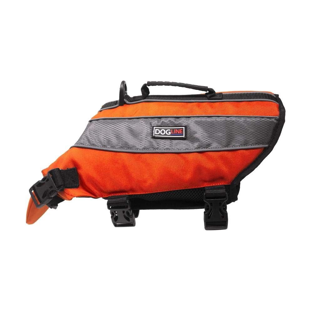 Dogline Dog Life Jacket – Dog Life Vest For Swimming And Boating In Hi-Viz Colors With Reflective Strips Mesh Underbelly For Draining And Drying And Top Carry Handle 26 To 34' Girth Neon Orange