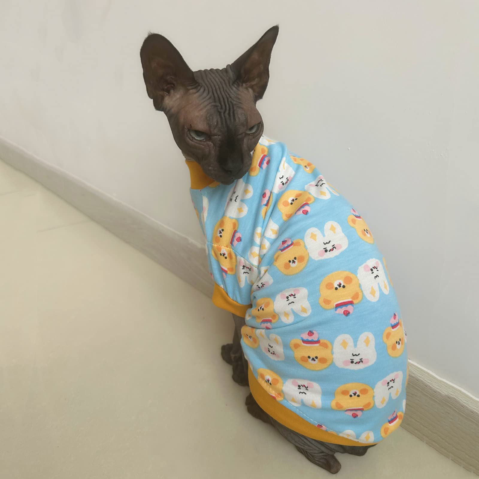 Sphynx Hairless Cat Cute Summer Cotton T-Shirts Pet Clothes,Round Collar Kitten Shirts Cats Apparel (Bear & Bunny, Medium (Pack