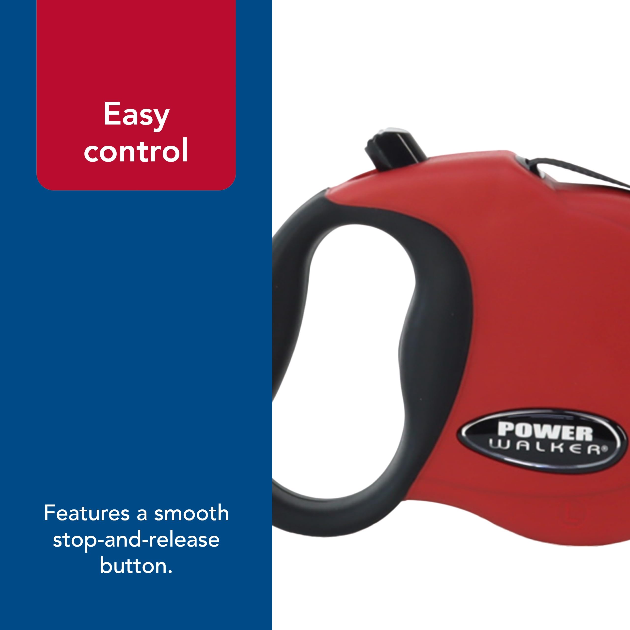 Coastal Pet Power Walker Dog Retractable Leash - Reflective Dog Leash - Stop-And-Release Control Button - Comfort Grip Handle - Red - Small