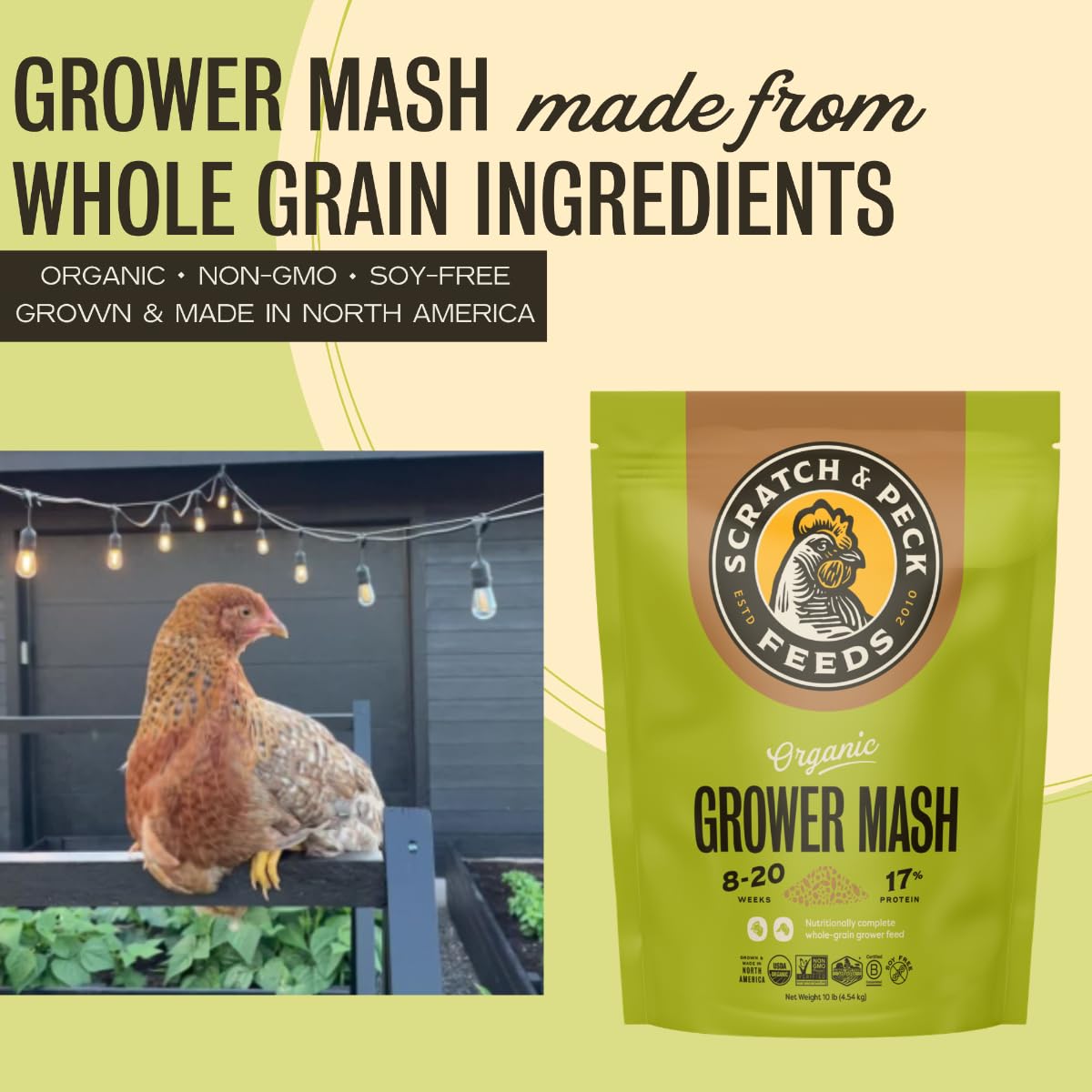 Scratch and Peck Whole Grain Grower Mash Chicken and Duck Feed - 10 lbs Bag - Corn-Free and Soy-Free - 17% Protein, Certified Or