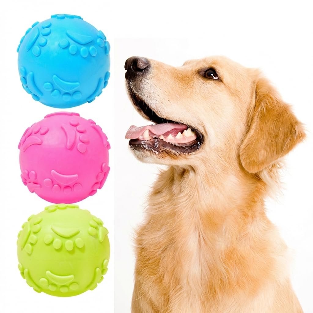 Qpets Dog Ball Toys, 2.5 Inch Interactive Squeaky Fetch Game Balls With 3 Colors & Cute Paws Design, Tpr ChewResistant Pet Safe