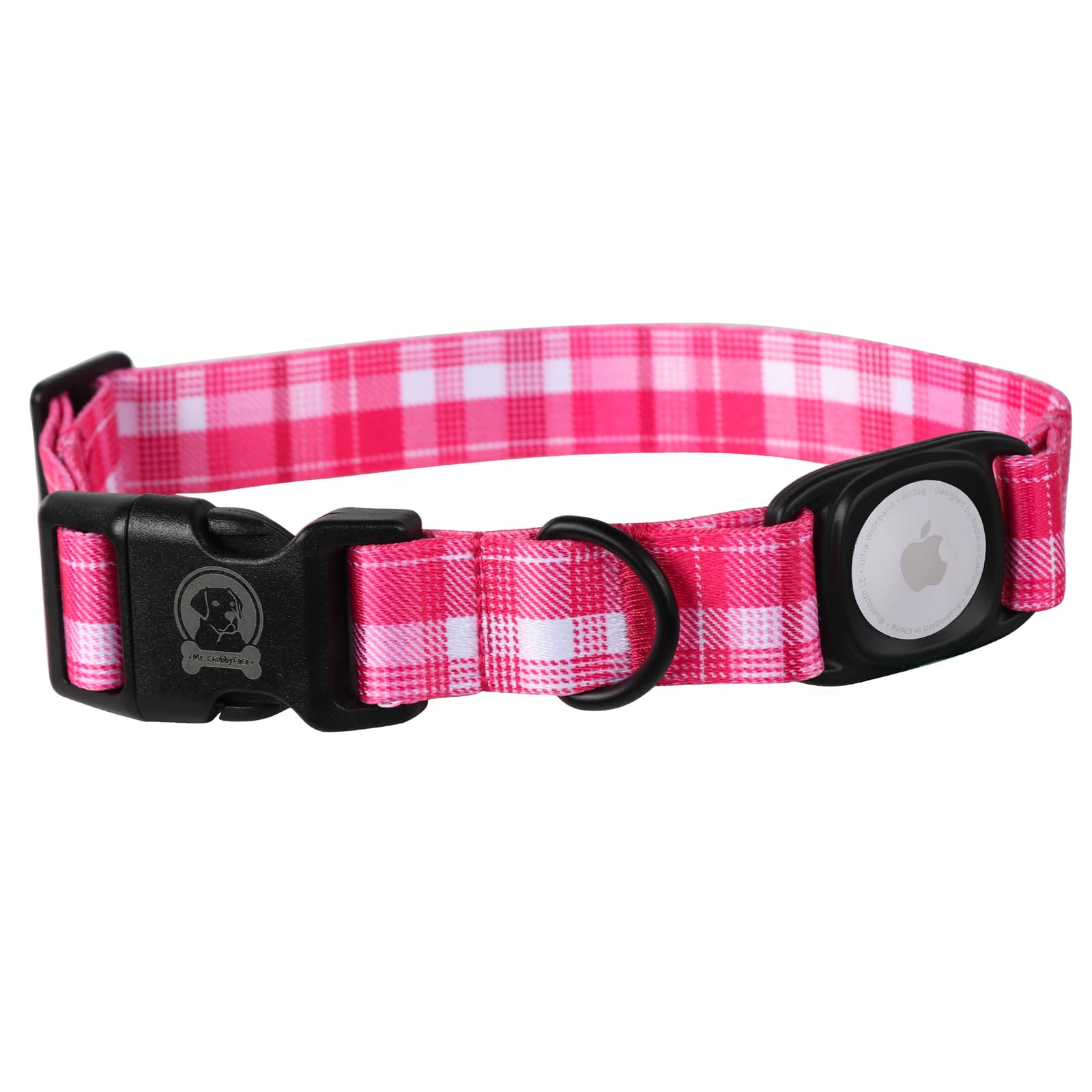 Mr.Chubbyface Dog Collar With Apple Airtag Holder Red And White Plaid Dog Collar For Small Medium Large Boy Girl Dogs