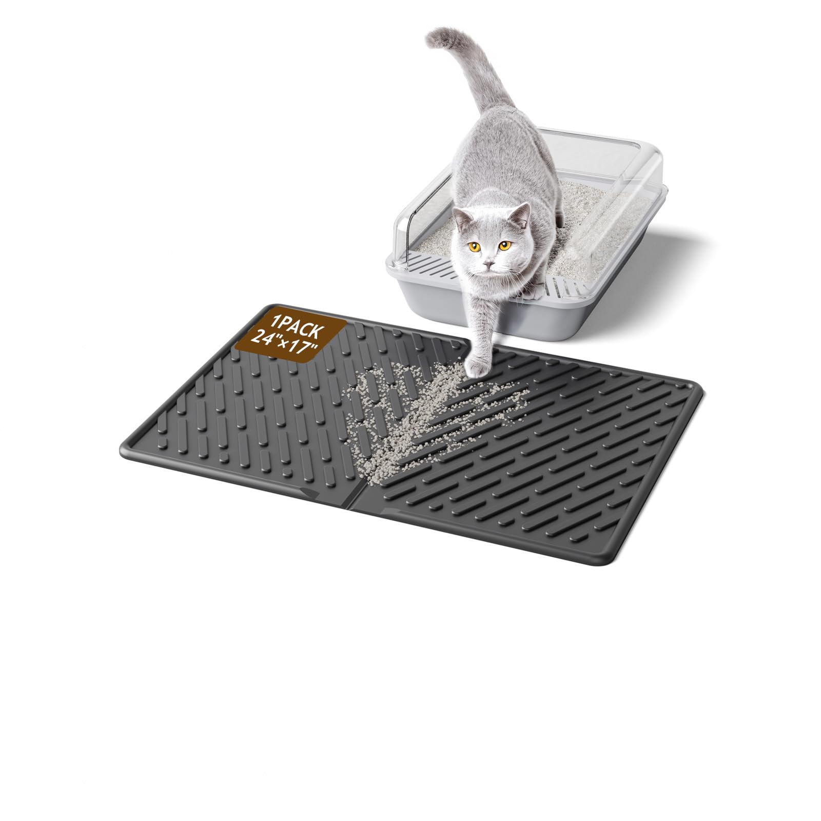 Kaxionage Cat Litter Mat With Grooves & Raised Edge,Urineproof/Waterproof,Litter Scattering Control,Easy To Clean (24 * 17In-Bla