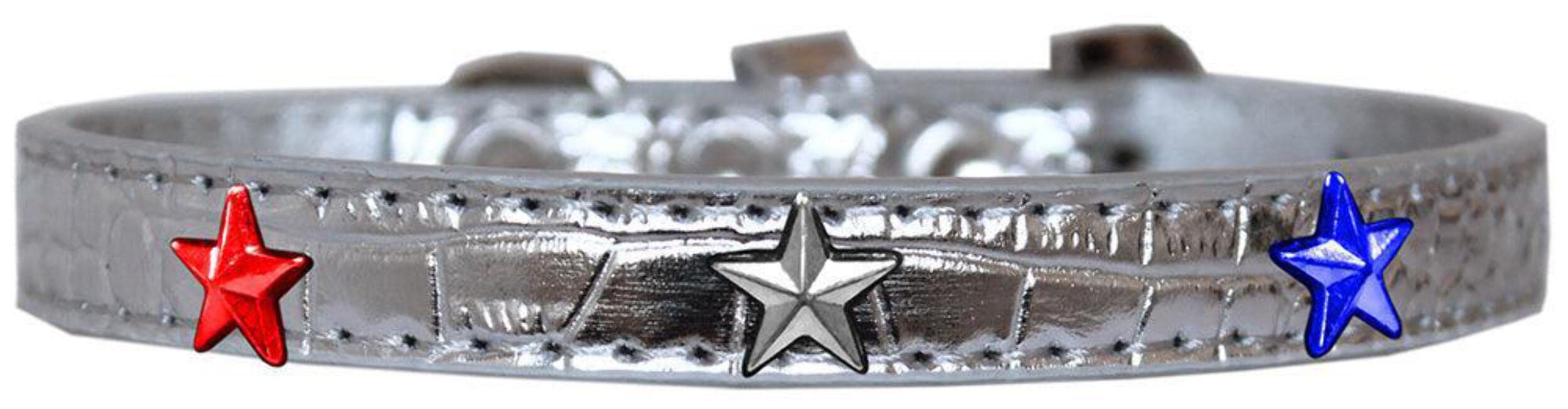 Dog, Puppy and Pet Designer Croc Widget Collar, "Red, White & Blue Stars" Silver 14
