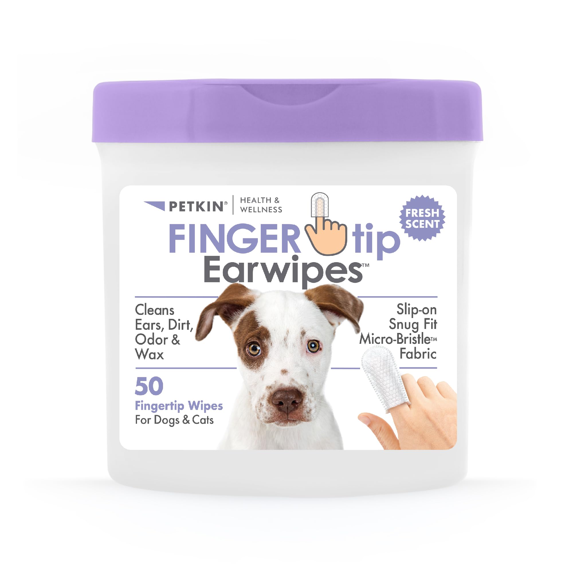 Petkin Fingertip Ear Wipes for Dogs and Cats, 50 Finger Wipes - Slip-On, Snug Fit, Micro-Bristle Fabric - Cleans Ears, Dirt, Odo