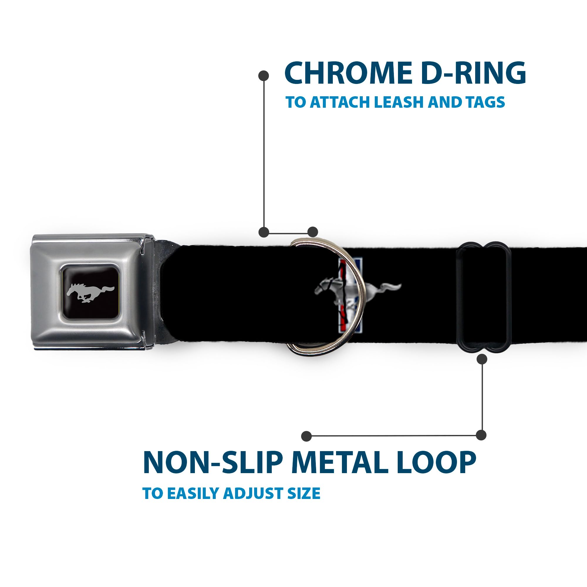 Buckle-Down Seatbelt Buckle Dog Collar - Ford Mustang W/Bars Logo Repeat - 1.5'' Wide - Fits 13-18'' Neck - Small