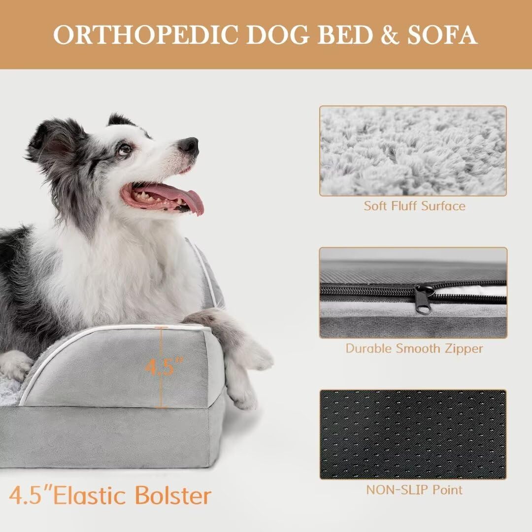 Comfort Expression Orthopedic Memory Foam Dog Bed, Cooling Dog Bed, Waterproof Dog Beds For Large Dogs, Washable Dog Bed With Removable Cover,Pet Bed Dog Sofa With Bolster(Large,Light Grey)