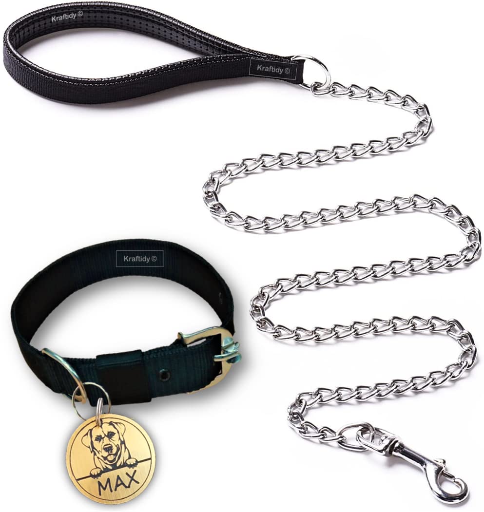 Kraftidy Dog Collar And Chain Leash With Name Tag Id Customized For Large Medium Small Puppies Neck Collar Belt And Chain Leash 