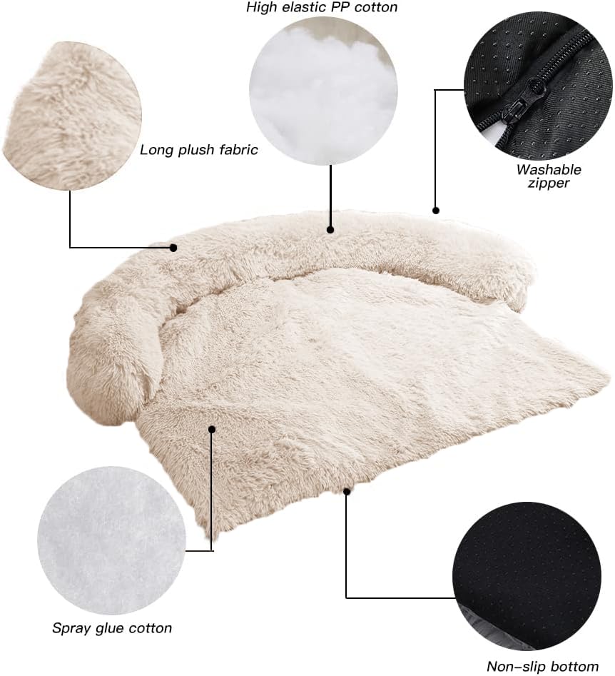 Calming Dog Bed Fluffy Plush Dog Mat For Furniture Protector With Removable Washable Cover For Large Medium Small Dogs And Cats (Large, Beige)