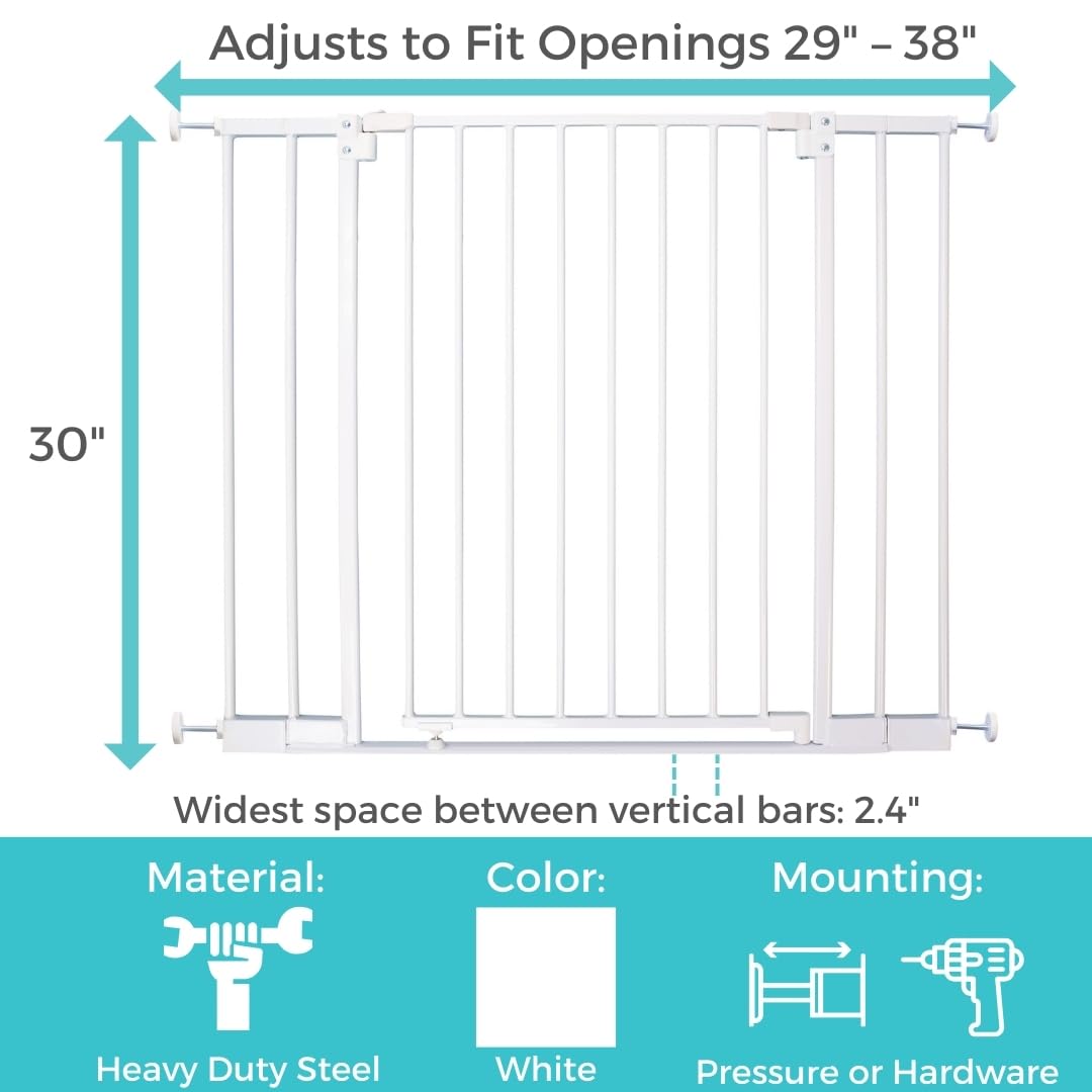 Toddleroo by North States StepSafe Auto Close Baby Gate - Adjustable 29-38" Wide, 30" Tall, Metal, White, Model 5502