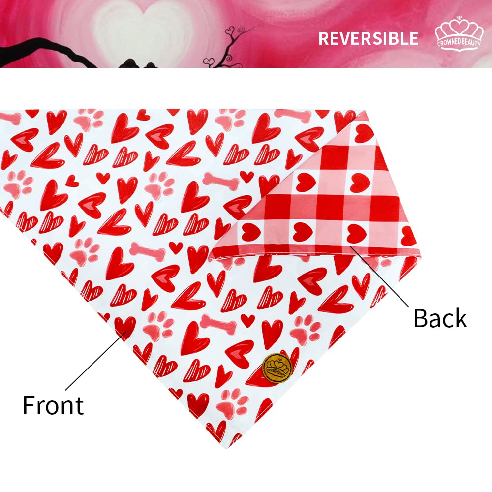 Crowned Beauty Valentines Day Dog Bandanas Reversible Small 2 Pack, Red Heart Set, Buffalo Plaid Adjustable Triangle Scarves For