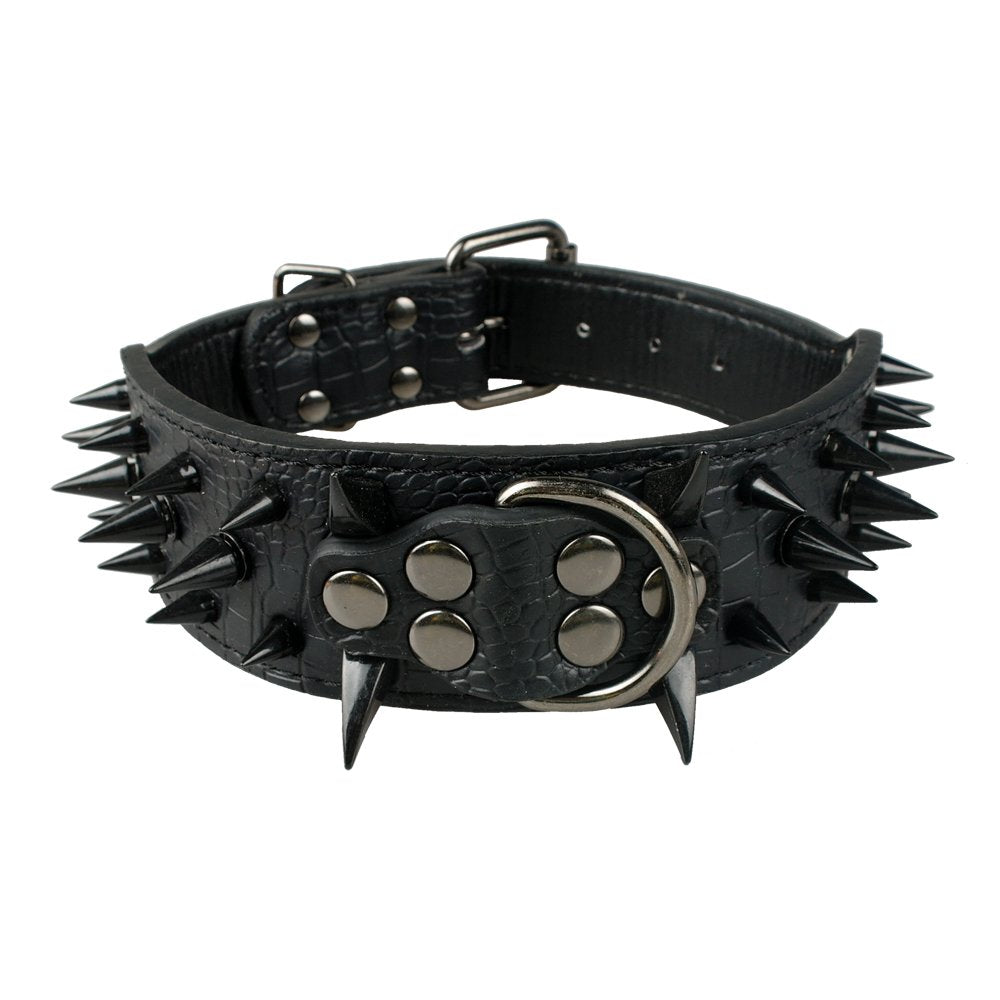 Berry Pet Sharp Spiked Studded Dog Collar - Stylish Leather Dog Collars - 2 Inch In Width Fit For Medium & Large Dogs - Such As Pitbull Mastiff - Black Rivets & Black Leather,21-24'