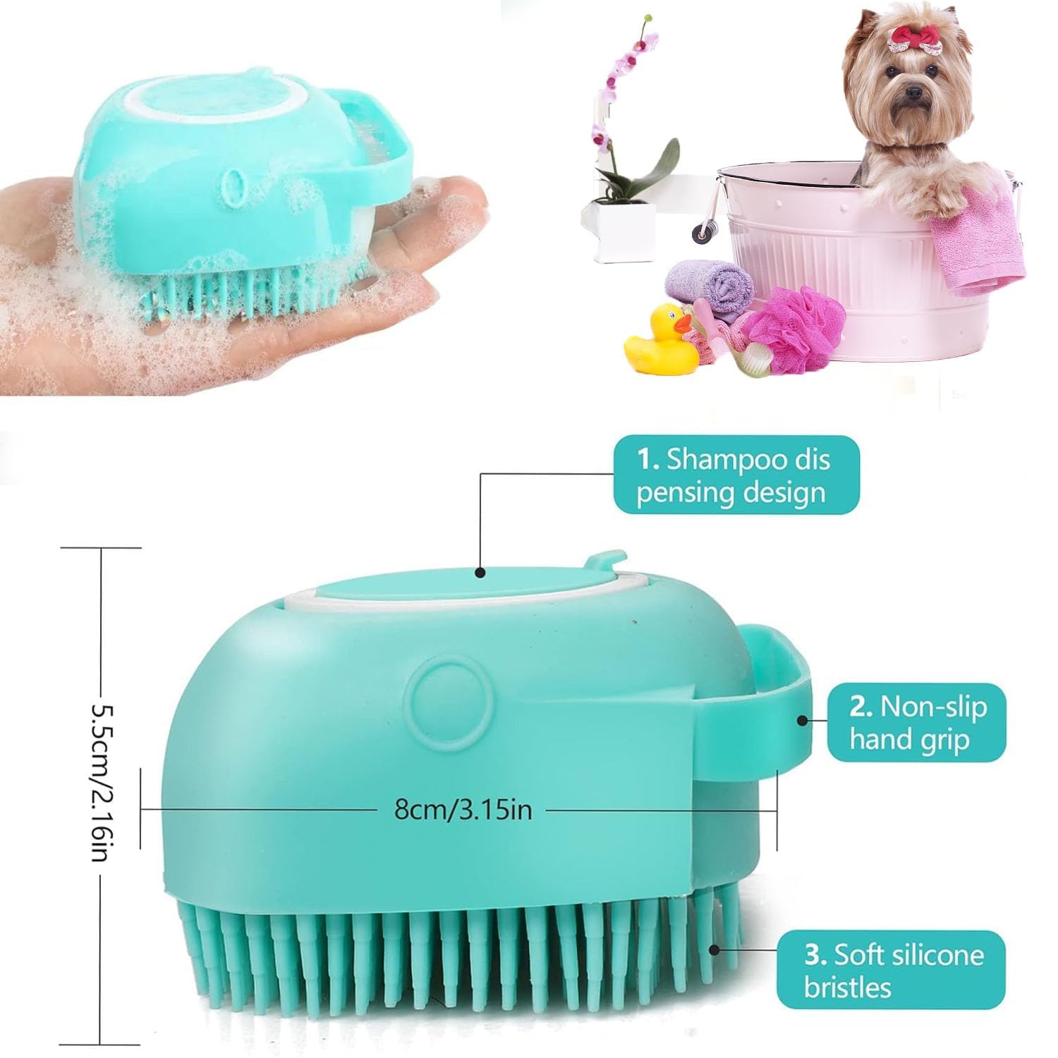 Hfpengzan Pet Bath Scrubber Brush, Dog Grooming Massage Shampoo Bath Brush With Soap And Shampoo Dispenser Soft Silicone Bristle