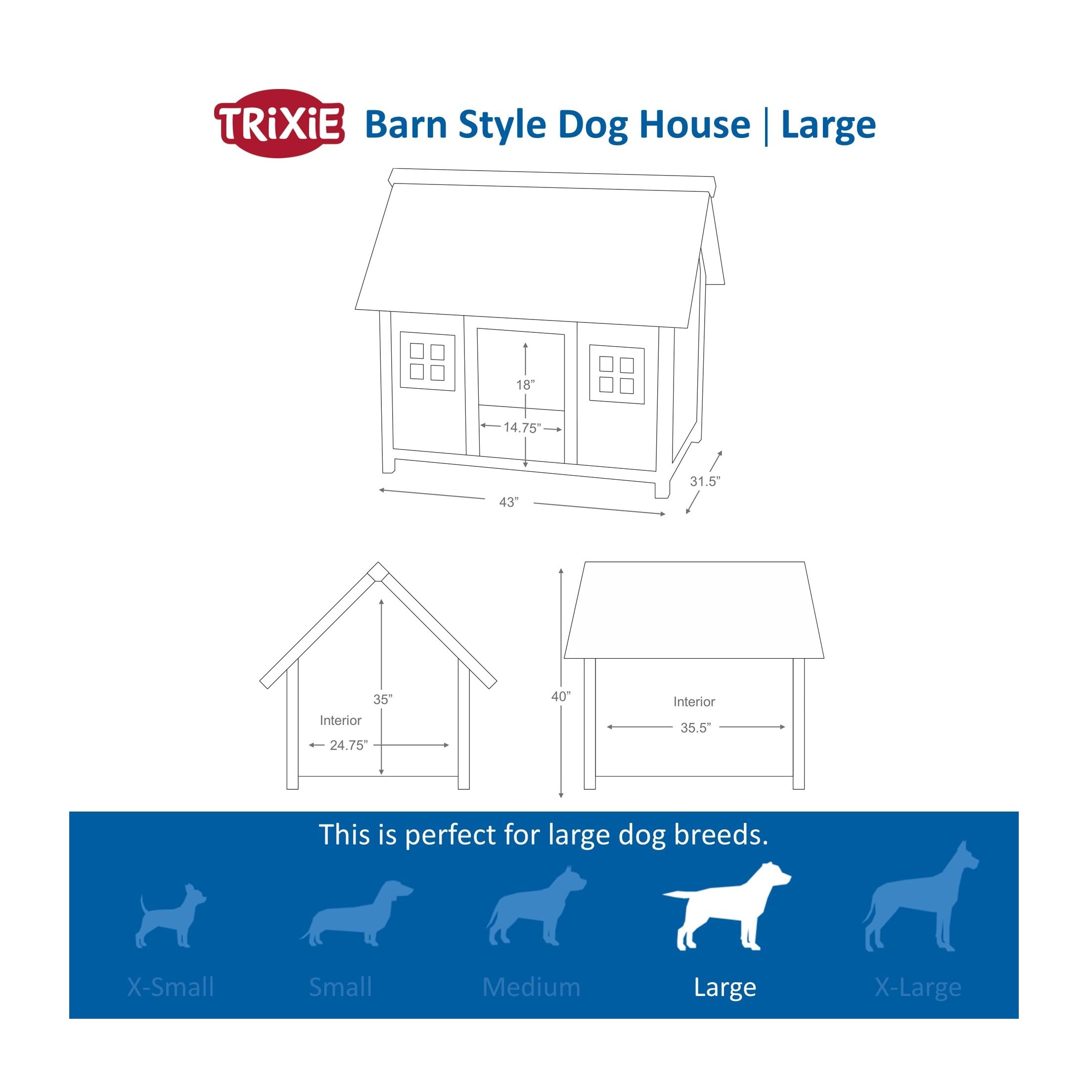 Trixie Natura Barn Style Dog House - Large Dog House Outdoor With Weatherproof Sealer & Peaked Roof, Wooden Dog House With Adjus