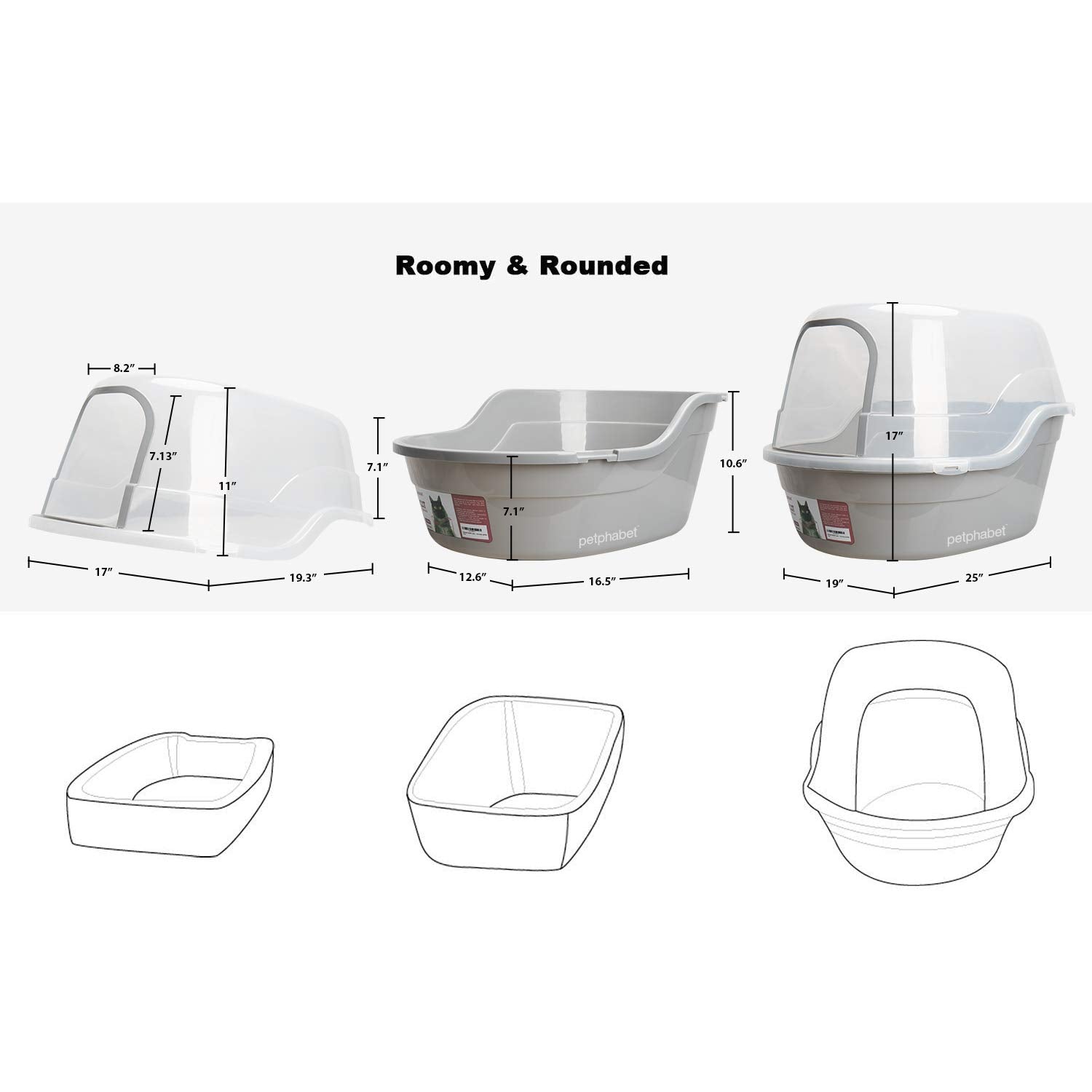 Petphabet Jumbo Hooded Cat Litter Box, Extra Large Gray