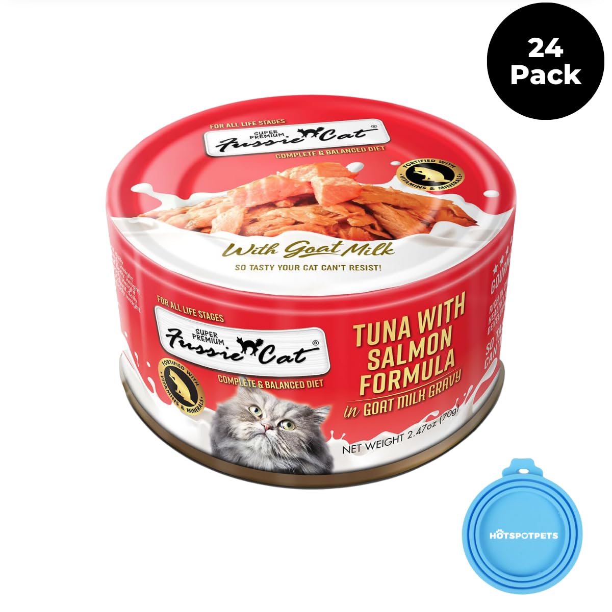 Fussie Cat Premium Canned Wet Cat Food in Goat Milk Gravy - 2.47 oz Cans - Case of 24 Cans (Tuna & Salmon)