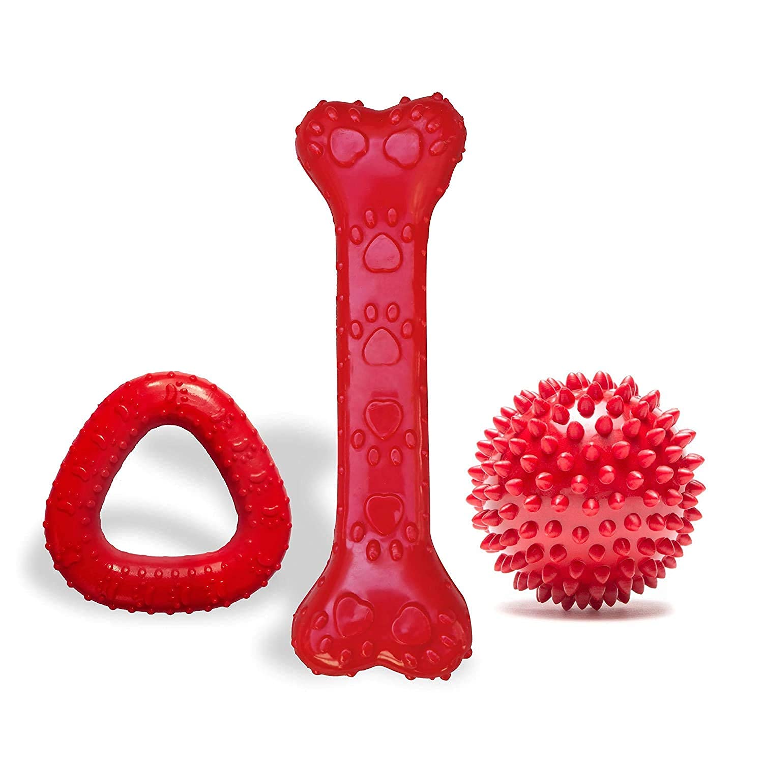 Woofy NonToxic Rubber Dog Chew Toy, Puppy/Dog Teething Toy, Superbite Chew Dog Toy Combo (Spike Ball + Triangle + Bone)