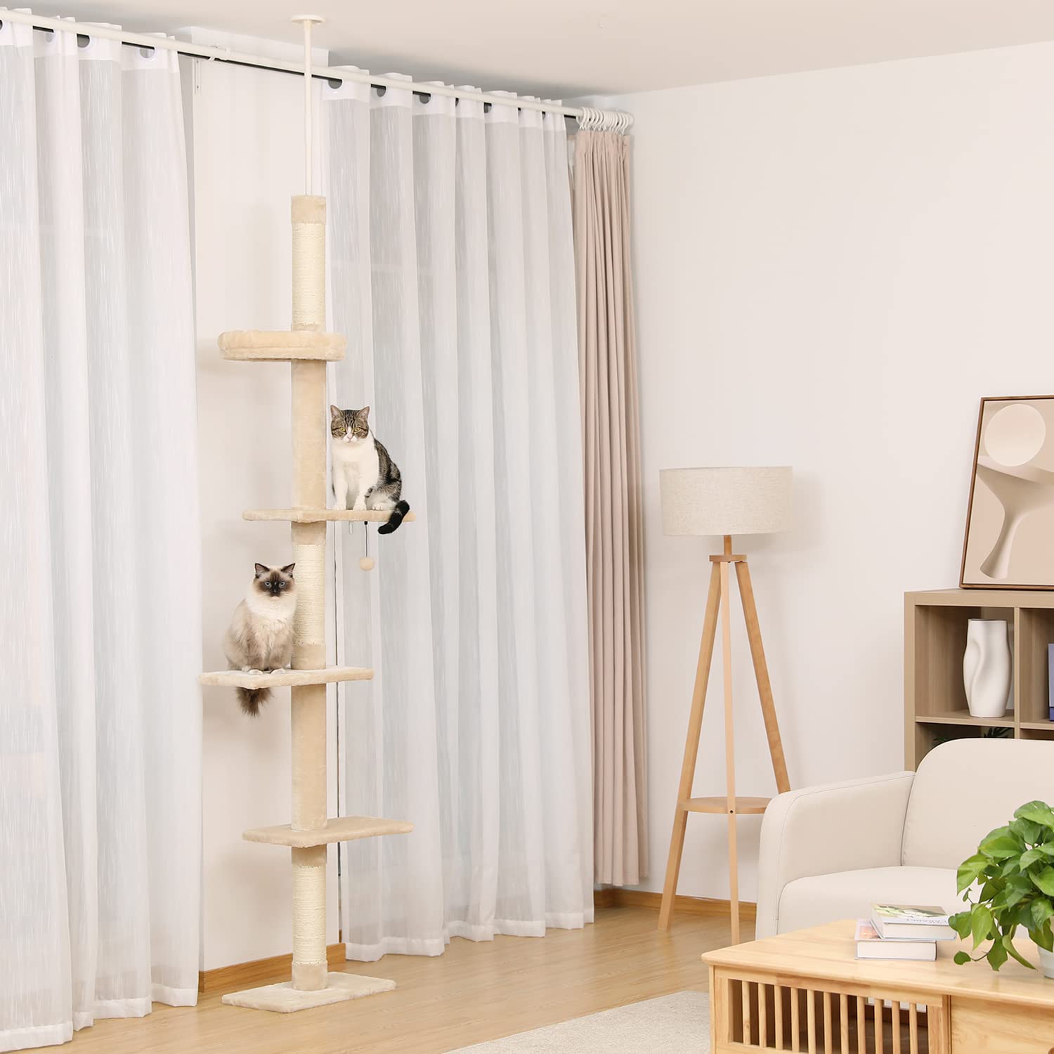 PETEPELA Cat Tree 5-Tier Adjustable Tower (95-108") - Beige Plush Activity Center with Scratching Post & Cozy Bed