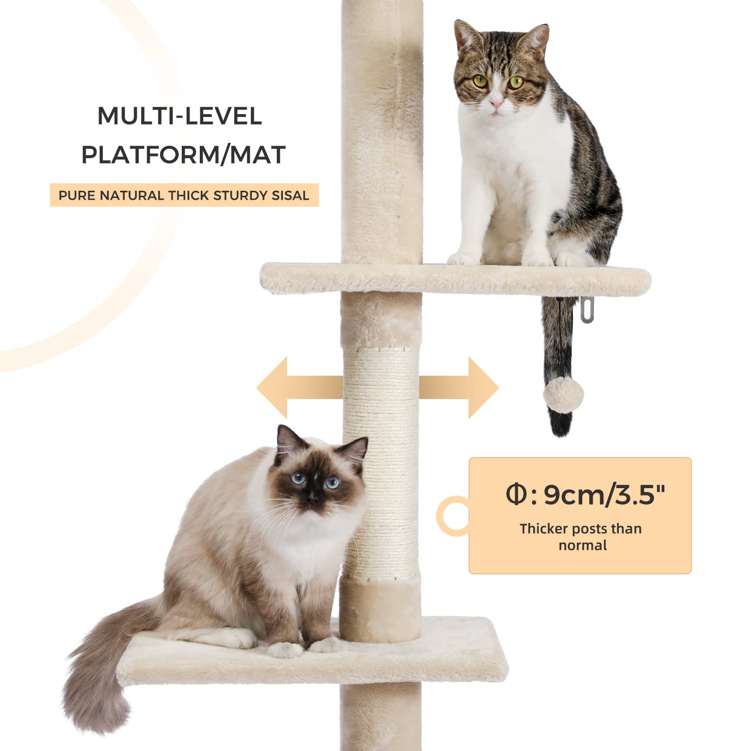 PETEPELA Cat Tree 5-Tier Adjustable Tower (95-108") - Beige Plush Activity Center with Scratching Post & Cozy Bed