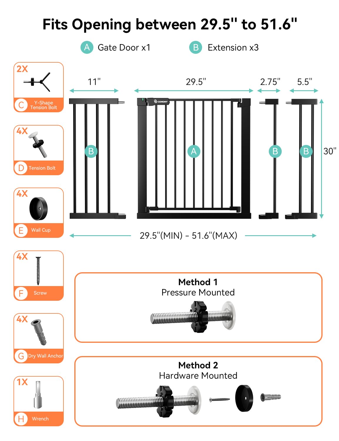 Comomy 30' Tall Baby Gate For Stairs Doorways, Fits Openings 29.5' To 51.6' Wide, Auto Close Extra Wide Dog Gate For House, Pressure Mounted Easy Walk Through Pet Gate With Door, Black