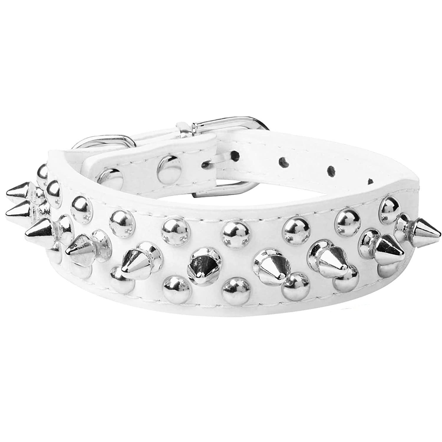 haoyueer Spiked Dog Collar Soft Pu Leather Mushrooms Rivet Spike Studded Puppy Adjustable Pet Collars for Small Breeds (L, White