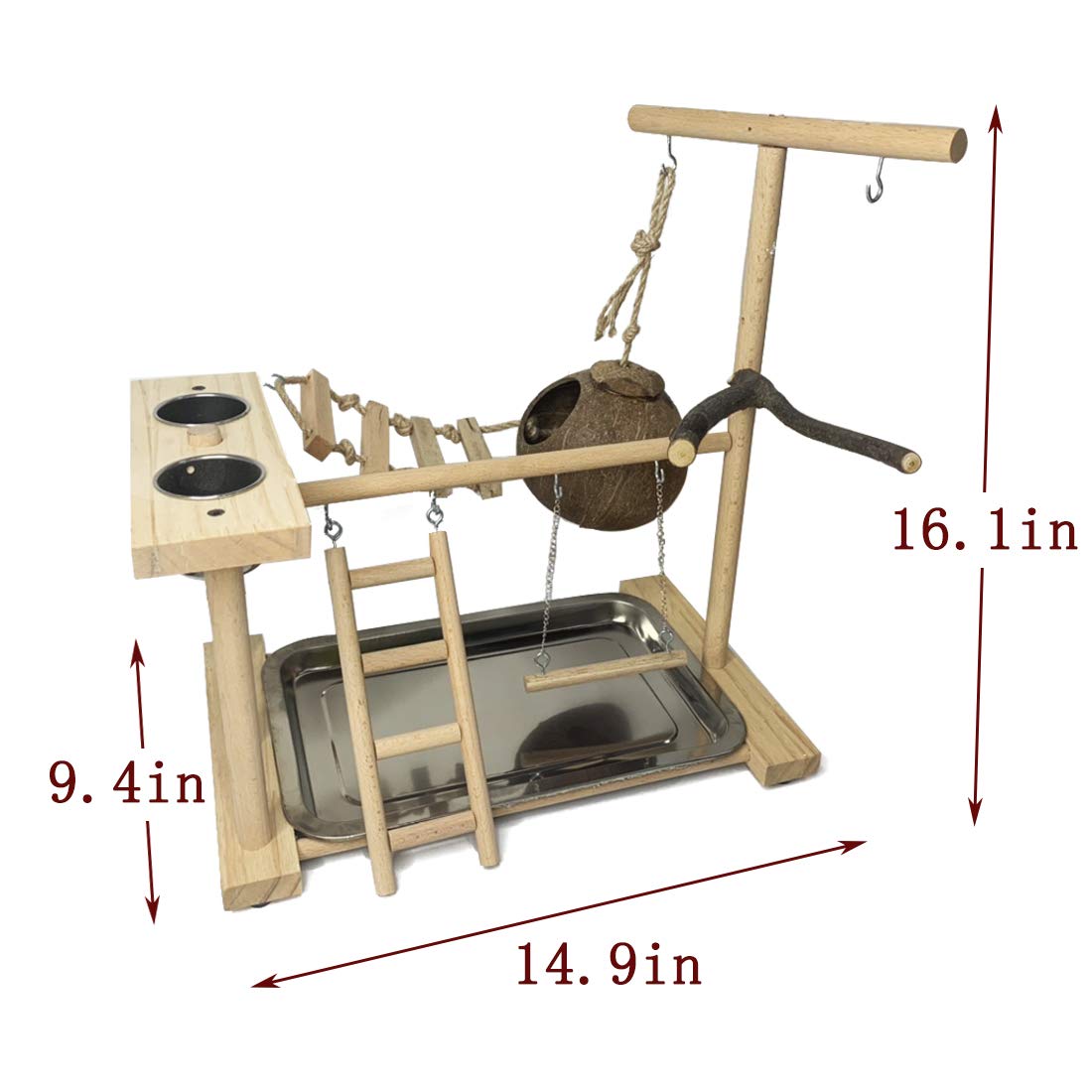 Hamiledyi Parrot Playground Bird Play Stand Natural Wood Parrot Perch Gym With Feeder Cups Cockatiel Nest With Ladder Lovebirds Cage Accessories Toy Exercise Activity Center For Cockatiel Lovebirds