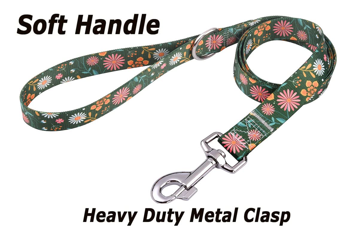 Hqyddmi Dog Collar And Leash Set, Floral Print, Adjustable Collar For Small To Large Dogs, Green Flower Set