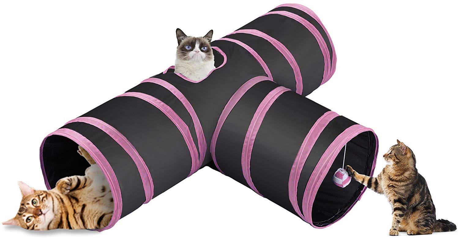 Western Era Cat Tunnel Toy 3 Way Collapsible For Indoor & Outdoor Play With Hanging Toy Ball For Cat, Puppy, Kitty, Kitten (Pink