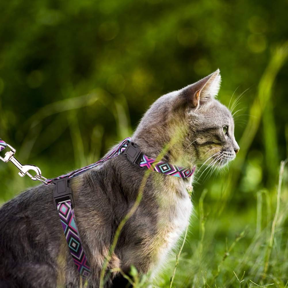 Cat Harness And Leash Set Geometric Pattern Escape Proof Adjustable For Kitty Outdoor Walking(Purple)