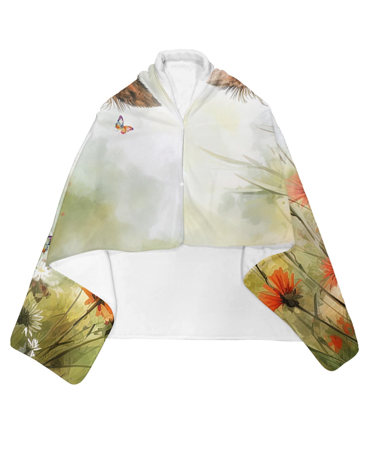Wearable Throw Blanket for Couch, Flowers Pet Dog and Butterfly Watercolor Soft Cozy Throw Blankets for Office, Sofa, Bed, Campi