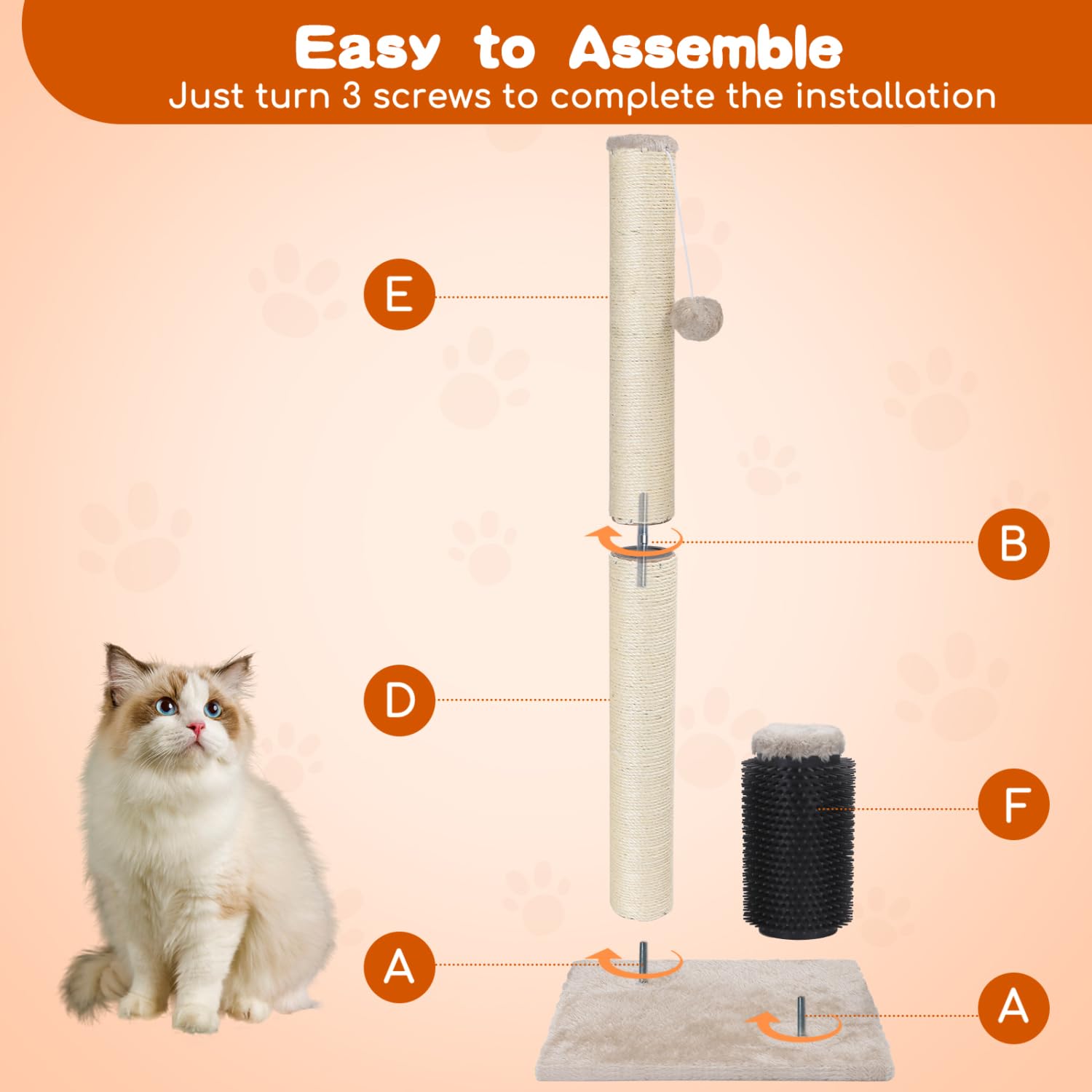 Nobleza 32    Tall Cat Scratch Post With Self Massage Brush, Natural Sisal Rope Cat Scratching Post For Indoor Cats, Stable Cat