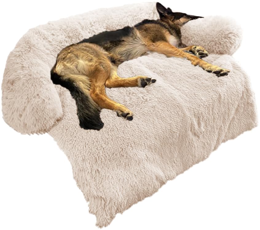 Calming Dog Bed Fluffy Plush Dog Mat For Furniture Protector With Removable Washable Cover For Large Medium Small Dogs And Cats (Large, Beige)