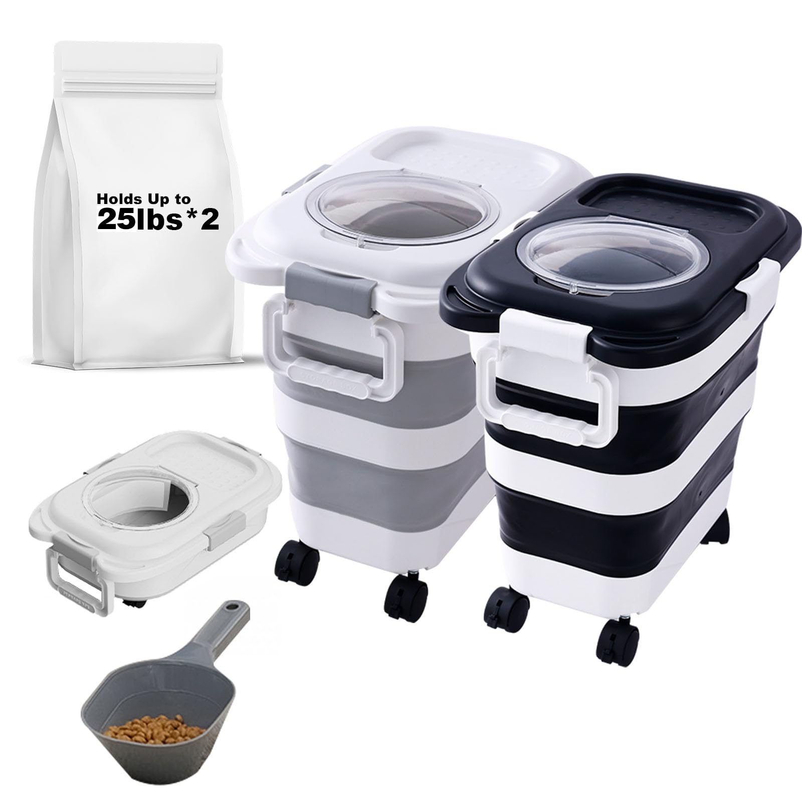 SEWIU 2pack 25 lbs Dog Food Storage Container,Collapsible Dog Food Container with Scoop,Pet/Dog/Cat/Bird Food/Cat litter Storage