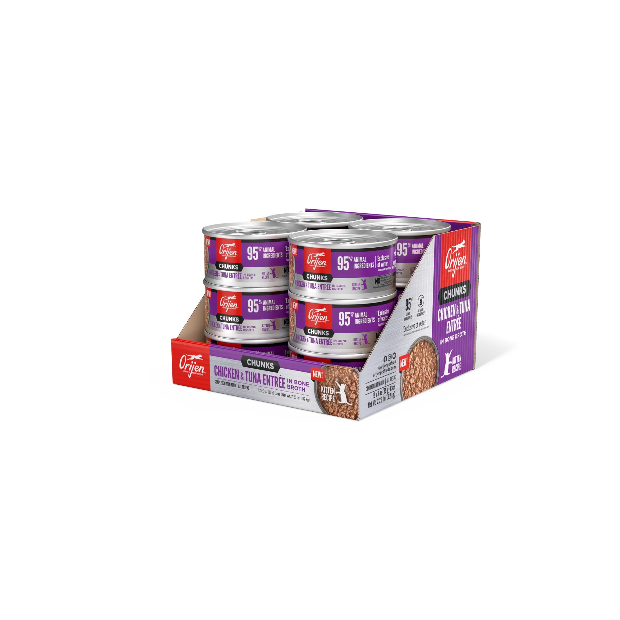 ORIJEN Chunks & Shreds Wet Cat Food Chicken and Tuna Kitten Entr  e 3oz Cans (12 Count)
