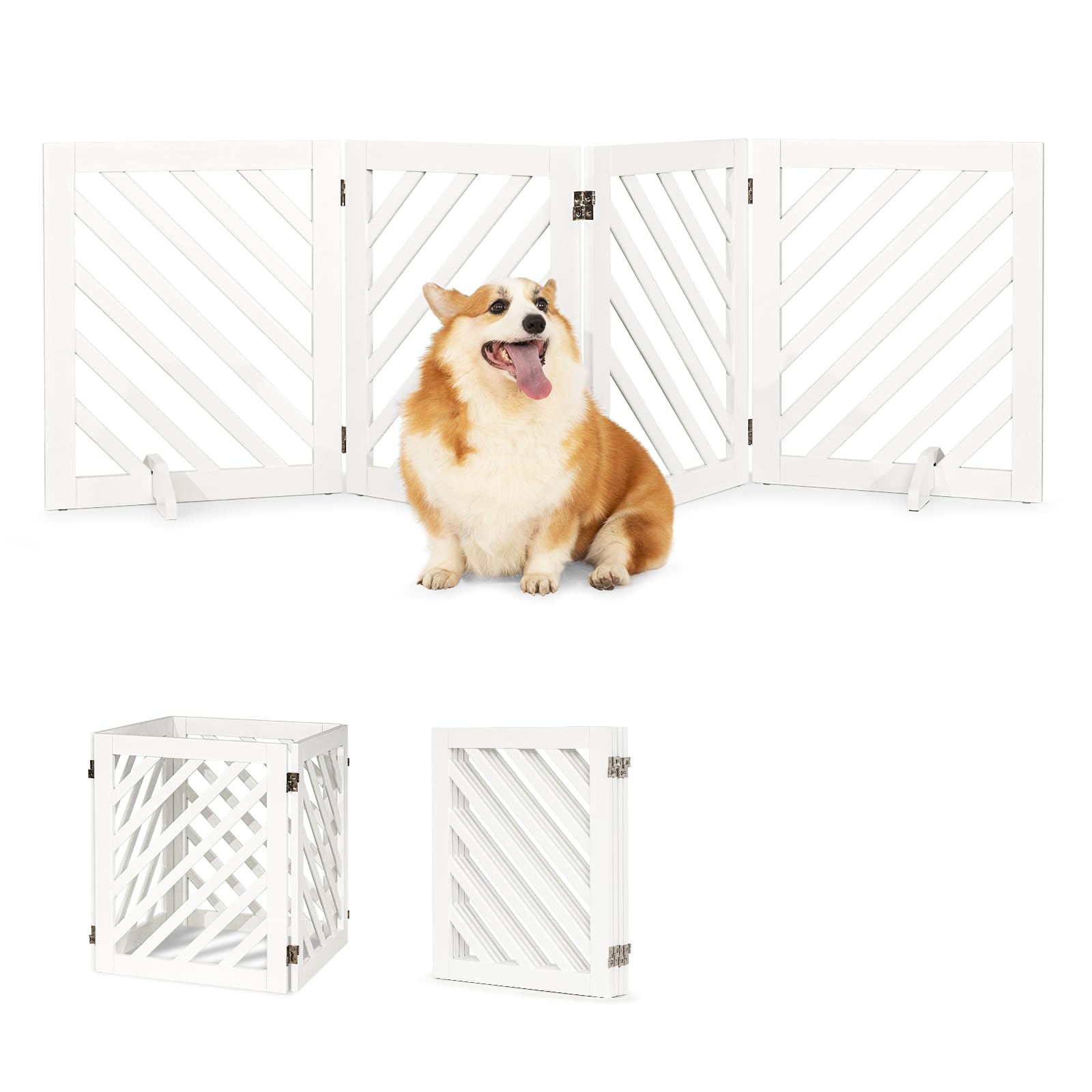 dCee Solid Acacia Wood Dog Gate - Freestanding Extra Wide 81" Pet Gate, White, Foldable with 4 Panels & 2 Support Legs
