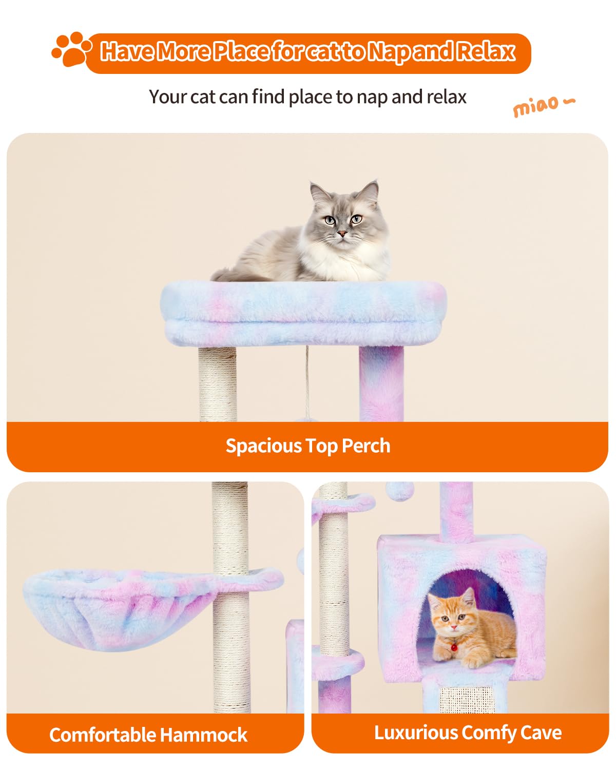 Fish&Nap Cute Cat Tree Kitten Cat Tower For Indoor Cat Condo Sisal Scratching Posts With Jump Platform Cat Furniture Activity Center Play House Rainbow