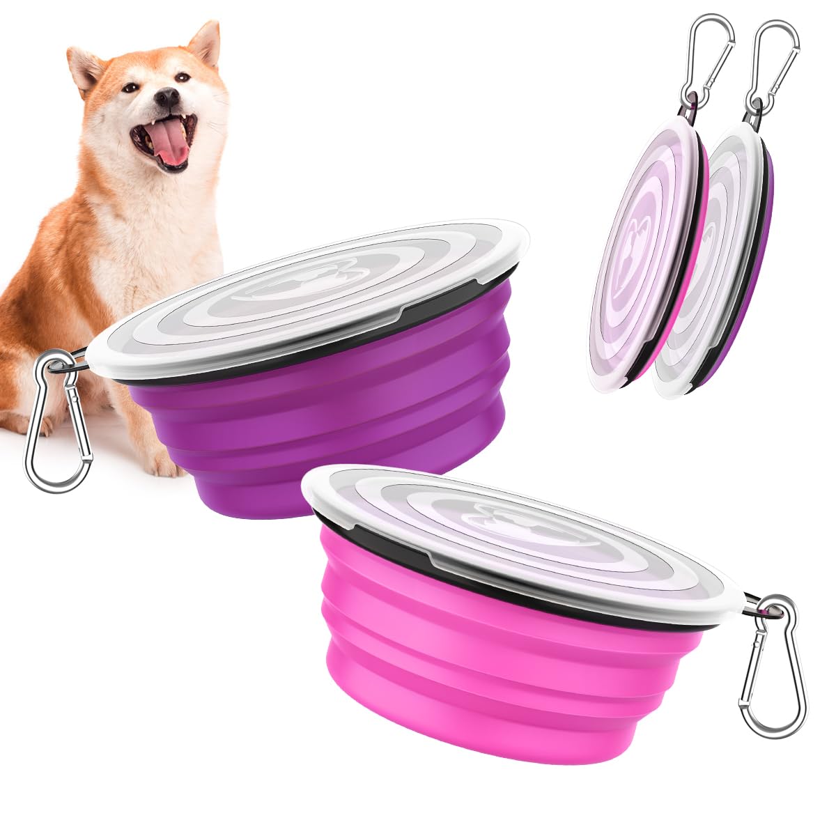 Pawaboo Collapsible Dog Bowls 2 Pack, Silicone Feeding Watering Bowls with Lids & Carabiners for Dogs Cats, Portable Water Feede