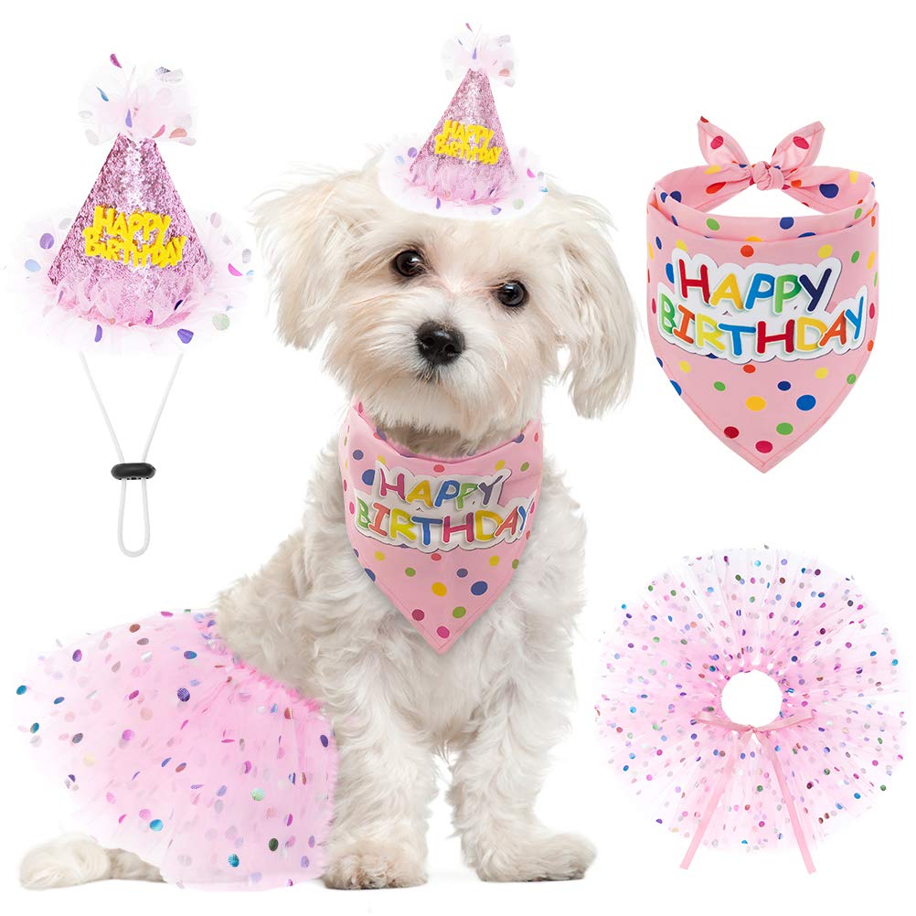 SCENEREAL Dog Birthday Bandana with Hat and Dress Girl Set, Puppy Birthday Party Supplies, Cute Pink Tutu Skirt Outfit for Small