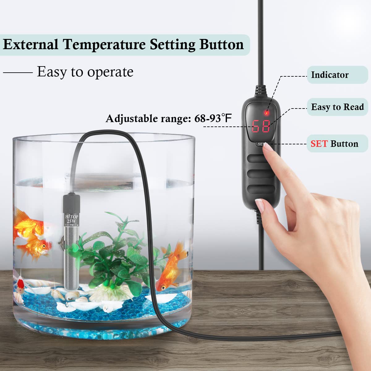 Hitop Mini Submersible Aquarium Heater - 25W 50W 100W 200W 300W Small Heater For Fish Tank 1-70 Gallon With Controller (25W)