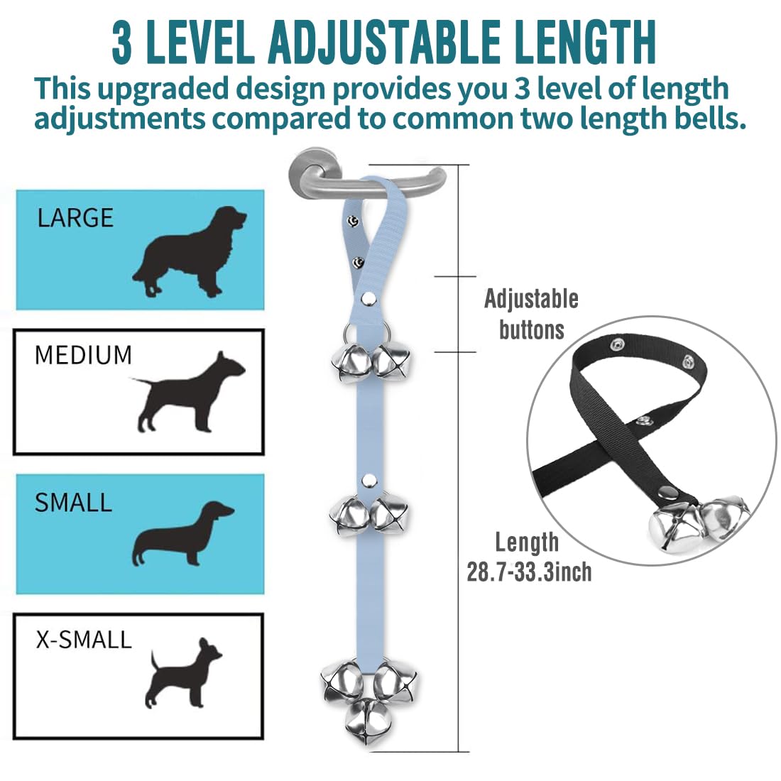BLUETREE Adjustable Dog Doorbells - Premium Quality Potty Training Bells, 7 Extra Large Loud 1.4 Bells, Light Blue