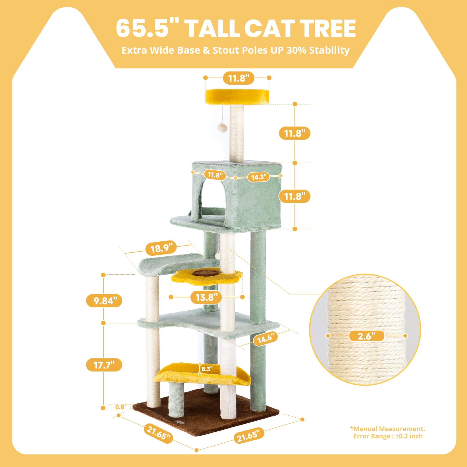 Hyabi 65.5 Inch Sunflower Cat Tree Tower Condo Furniture Apartment Plush Habitat Kitten Amusement Platform With Scratch Posts Toy Ball Pet House Play(Large 65.5' H)