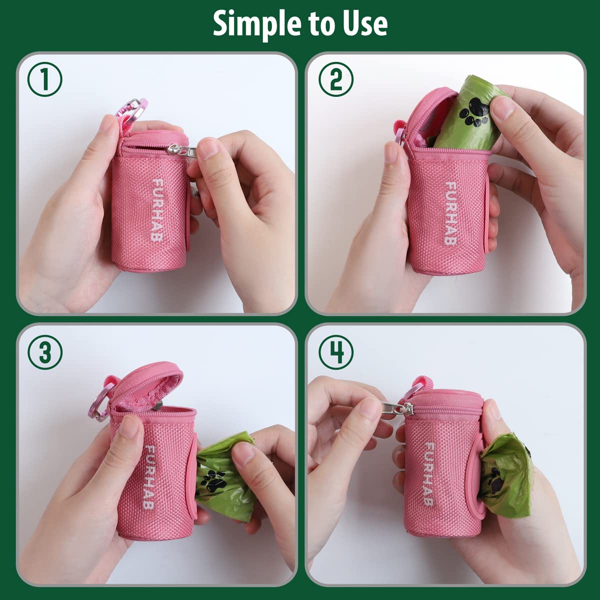 Furhab Dog Poop Bag Holder For Leash Doggie Waste Bag Dispenser Soft Fabric Puppy Potty Carrier Small Doggy Zipper Pouch With Carabiner Clip 1680D Nylon Oxford With 1 Roll Of Pet Trash Bags, Pink