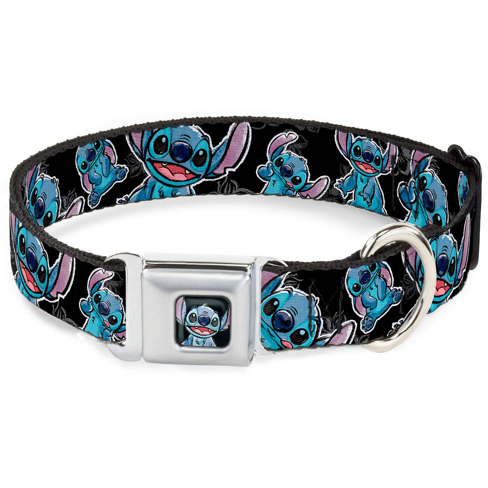 Buckle-Down Seatbelt Buckle Dog Collar - Stitch Poses/Hibiscus Sketch Black/Gray/Blue - 1' Wide - Fits 11-17' Neck - Medium