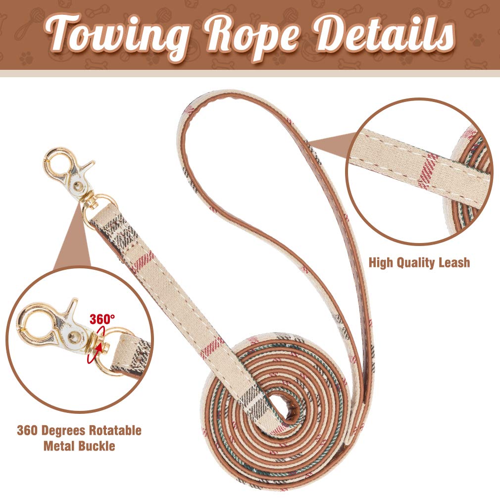 EXPAWLORER Dog Collar and Leash Set - Adjustable Plaid Bow Tie & Bandana, Small, Cream, Model INV005-01, Perfect for Dogs & Cats