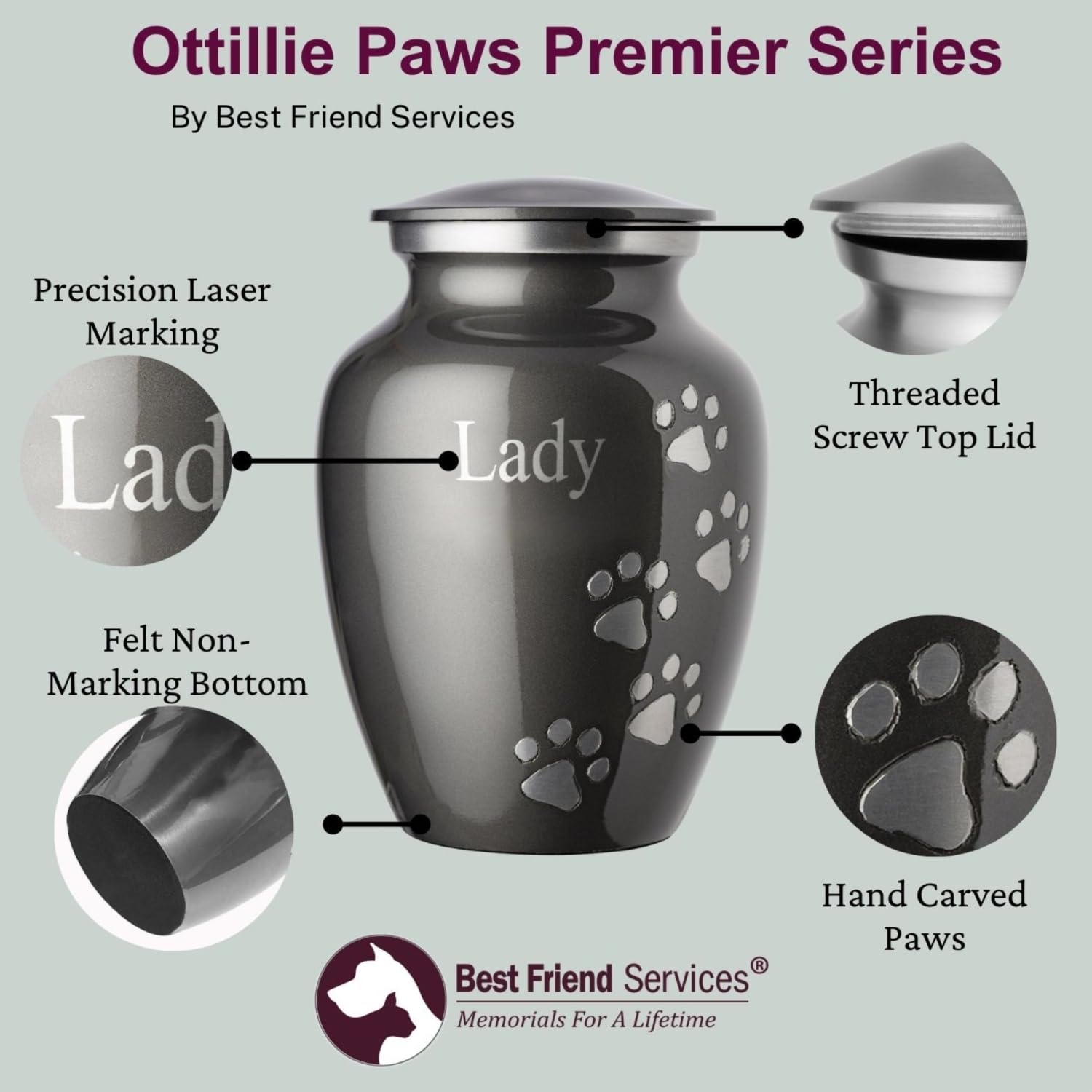 Best Friend Services Pet Urn for Dogs and Cats with Personalized Laser Engraving, Ottillie Paws Premier Series (Large Slate with