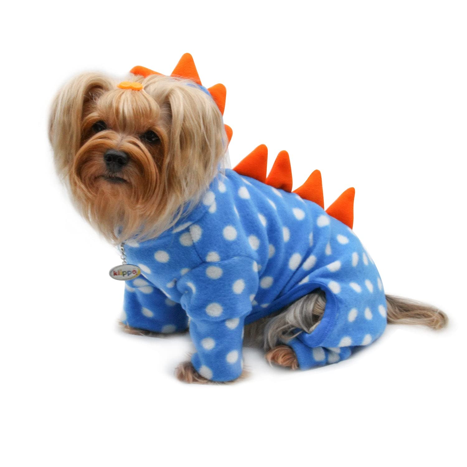 Klippo Dog/Puppy Polka Dots Dino Fleece Hooded Bodysuit/Pajamas/Loungewear/Coverall/Jumper/Romper For Small Breeds (Xs)