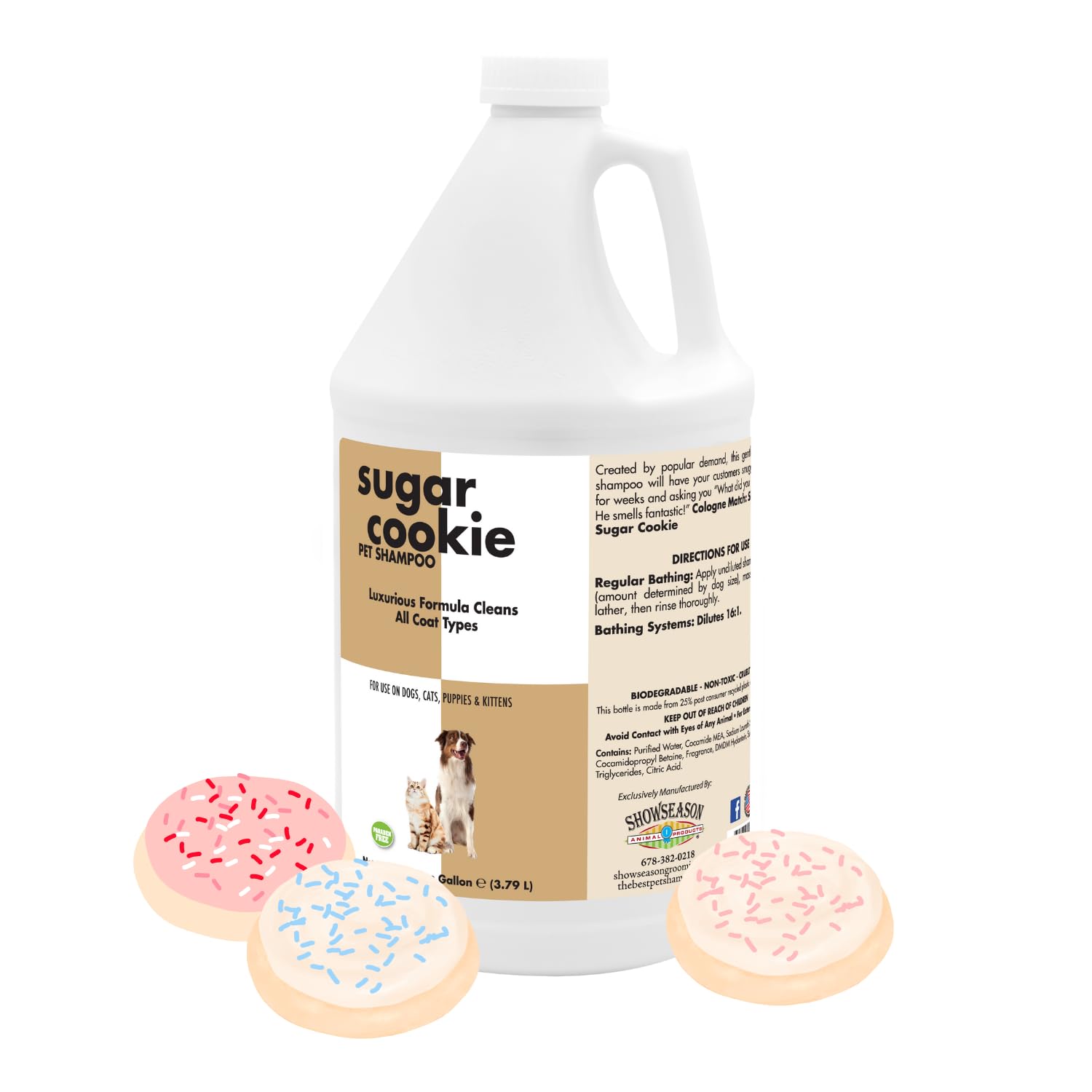 Showseason Sugar Cookie Pet Shampoo 1 Gallon | Long-Lasting Odor Eliminator | Paraben-Free | Biodegradable and Non-Toxic | Made 