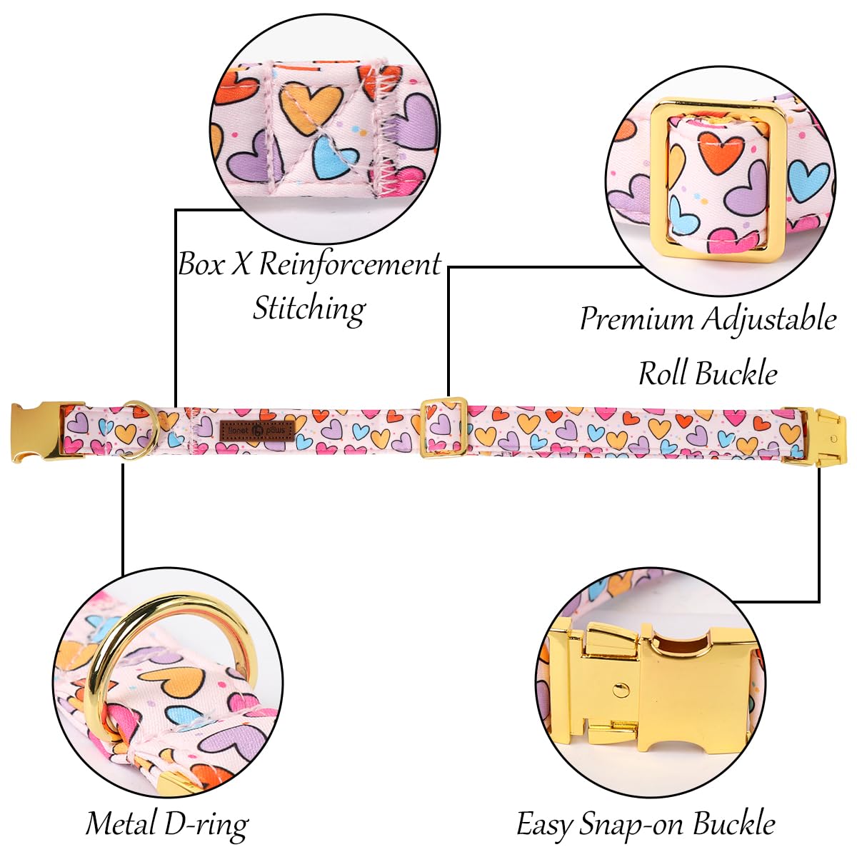 Lionet Paws Valentine'S White Dog Collar, Cute Heart Dog Collar For Large Dogs, Adjustable Cotton Pet Collars For Large Dogs