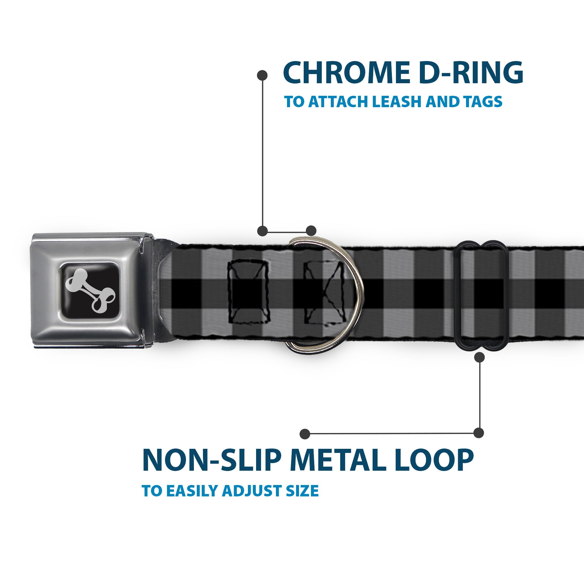 Dog Collar Seatbelt Buckle Buffalo Plaid Black Gray 11 To 17 Inches 1.0 Inch Wide